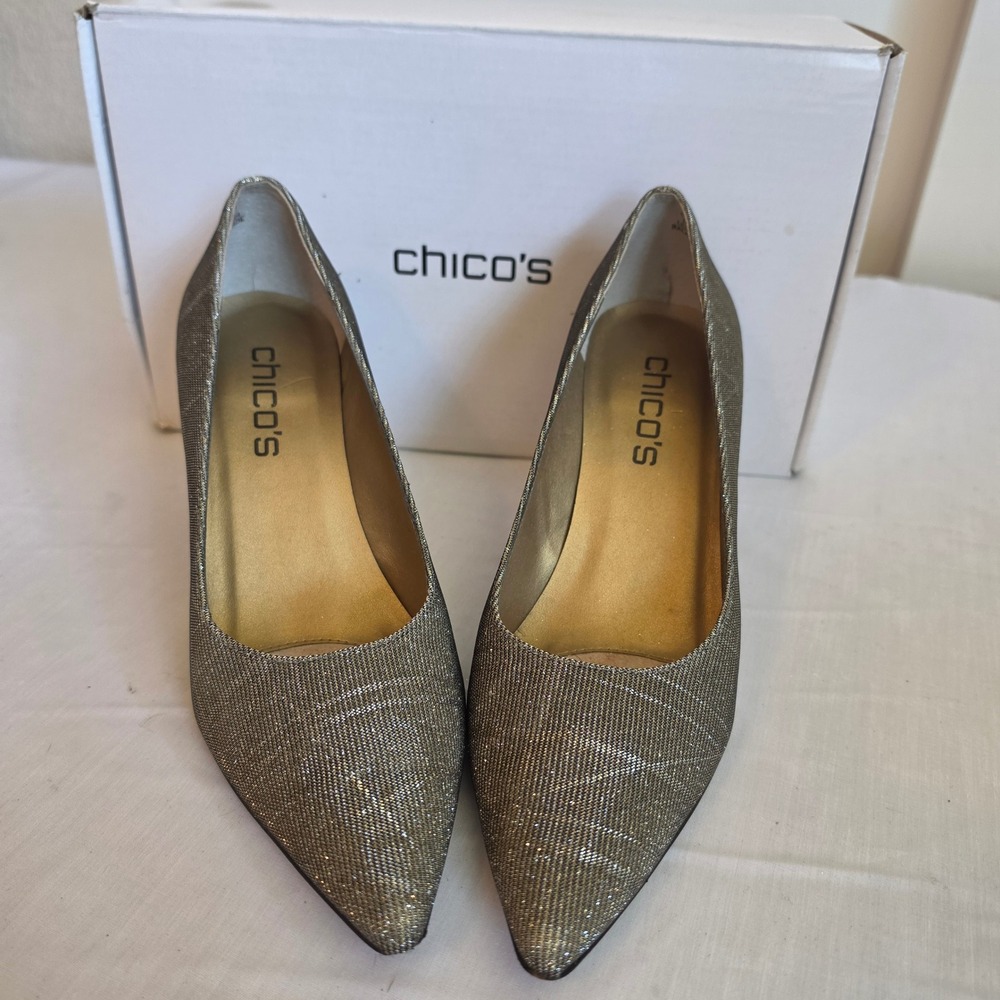 Chicos Womens Metallic Gold Silver Pointed Toe Kitten Heel Pumps 7M 570123027